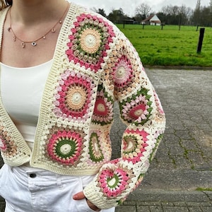 Handmade Crochet Cardigan Vintage Pink Green Circle Pattern, Cozy and Stylish Granny Square Jacket, Boho Chic Women's Sweater image 1