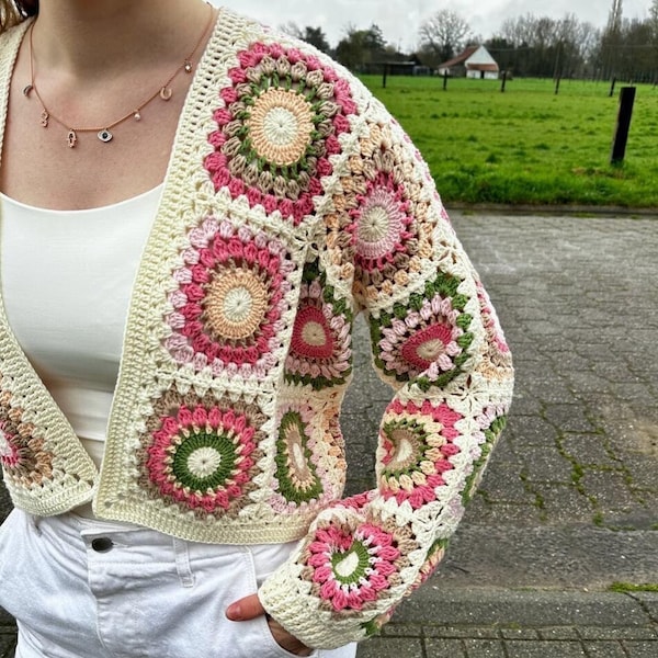 Cardigan au crochet fait main - motif cercle vert rose vintage, veste carrée grand-mère confortable et élégante, pull femme Boho Chic