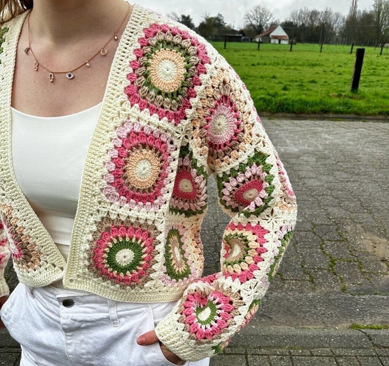 Handmade Crochet Cardigan Vintage Pink Green Circle Pattern, Cozy and Stylish Granny Square Jacket, Boho Chic Women's Sweater image 1