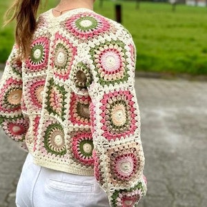 Handmade Crochet Cardigan Vintage Pink Green Circle Pattern, Cozy and Stylish Granny Square Jacket, Boho Chic Women's Sweater image 2