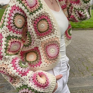 Handmade Crochet Cardigan Vintage Pink Green Circle Pattern, Cozy and Stylish Granny Square Jacket, Boho Chic Women's Sweater image 3