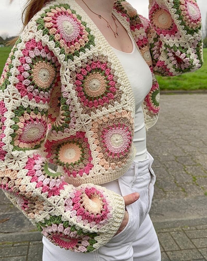 Handmade Crochet Cardigan Vintage Pink Green Circle Pattern, Cozy and Stylish Granny Square Jacket, Boho Chic Women's Sweater image 3
