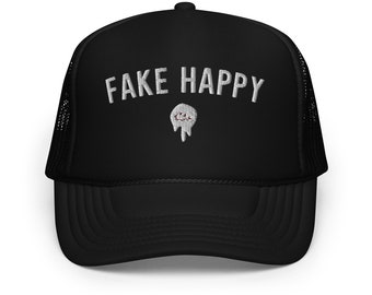 Fausse casquette de camionneur brodée Happy, drôle de chapeau, chapeau meme, cadeau neurodivergent, cadeau pour un ami, humour pour adulte, chapeau unisexe, casquette de baseball