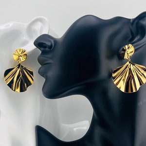 14K Gold Large Flower dangle drop earrings For Women | Big Art Deco gingko leaf earrings | Hypoallergenic and stainless steel jewelry
