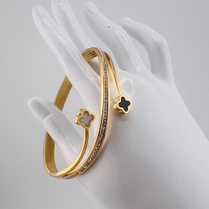 18K Gold Clover Cuff Bangle Bracelet For Women | Diamond Leaf Anti Tarnish Modern stainless steel Bracelet | Art Nouveau Women's accessory