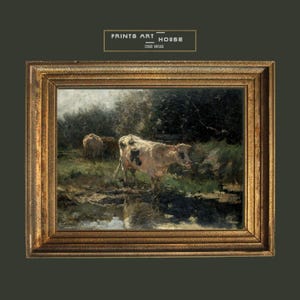 Vintage koeschilderij: rustieke boerderijweidescène (digitale download)