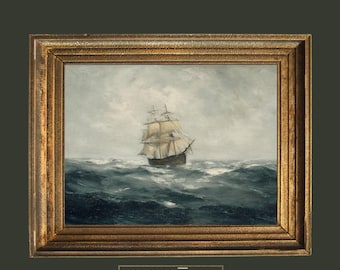 May include: A framed vintage painting of a tall ship at sea during a storm. The artwork has a gold-coloured ornate frame and a dark, moody colour palette. The painting is labelled "PRINTS ART HOUSE STUDIO VINTAGE".