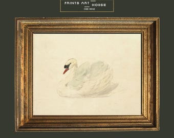 May include: A framed vintage print of a swan. The artwork features a white swan with a red beak and black accents, set against a light background. The print is in a gold-colored wooden frame. The text "PRINTS ART HOUSE STUDIO VINTAGE" is at the top.