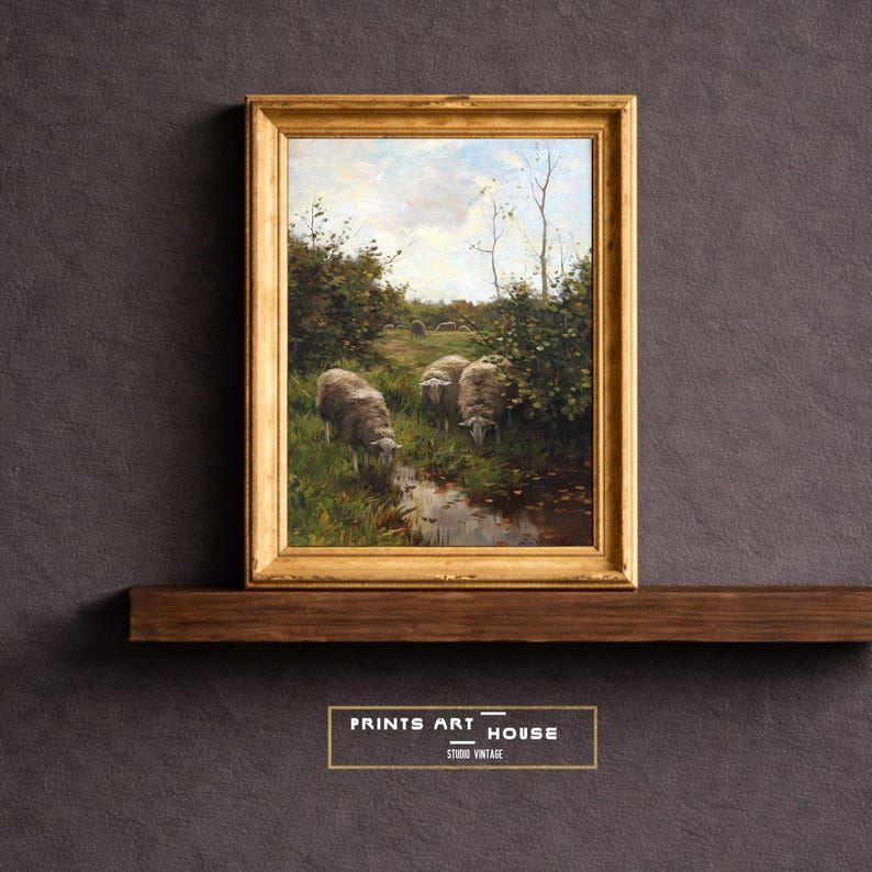Sheep Oil Painting Print: Vintage Farmhouse Landscape (digital Download ...
