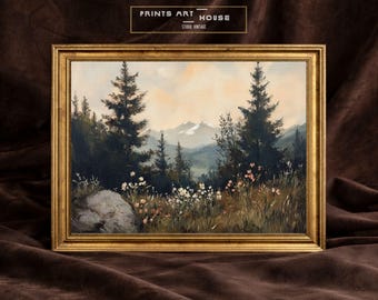 Vintage Wildflower Mountain Oil Painting: Rustic Cottagecore Art (Digital Download)