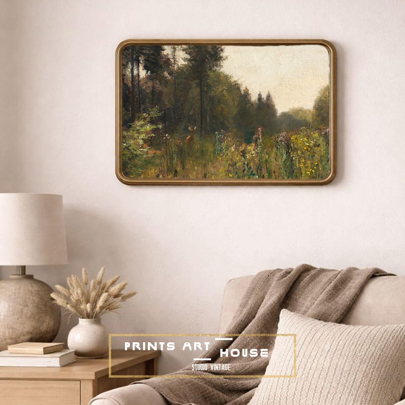 Vintage Deer in Forest Print: Rustic Wildlife Landscape (digital ...