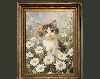 Vintage Kitten in Daisies Print: Cottagecore Cat Oil Painting (Digital Download)