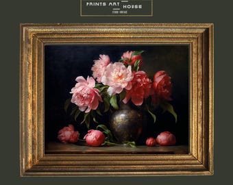 Vintage Pink Peonies Oil Painting Print: Romantic Cottagecore Floral Art (Digital Download)