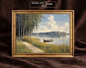 Vintage Lake and Boat Oil Painting: Birch Forest Landscape (Digital Print, Horizontal Artwork)