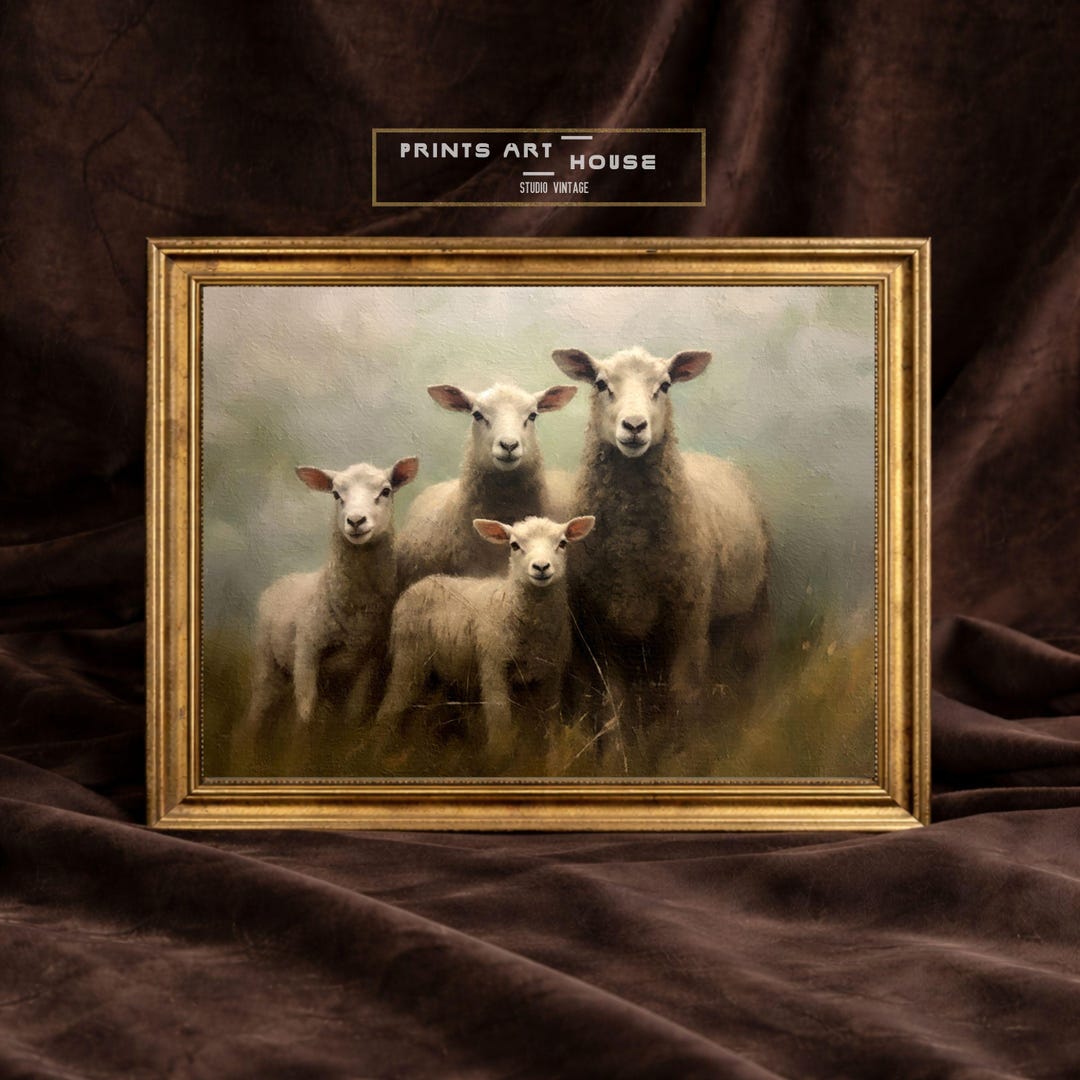 Vintage Sheep Meadow Oil Painting Print: Rustic Farmhouse Nursery Art ...