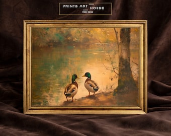 Vintage Ducks on Pond Oil Painting: Rustic Farmhouse Cottagecore Art (Digital Download)