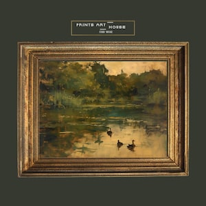 Vintage Duck Farm Landscape Print – Rustic Oil Painting Wall Art, Countryside Lake Scene, Farmhouse Cottage Decor Download