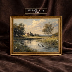 Vintage Flusslandschaft Ölgemälde mit Enten: Cottagecore druckbare Kunst (Digitaldrucke)