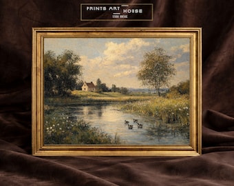 Vintage River Landscape Oil Painting with Ducks: Cottagecore Printable Art (Digital Prints)