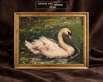 Stampa artistica del dipinto a olio d'epoca "Il lago dei cigni": decorazione murale antica e malinconica (download digitale)