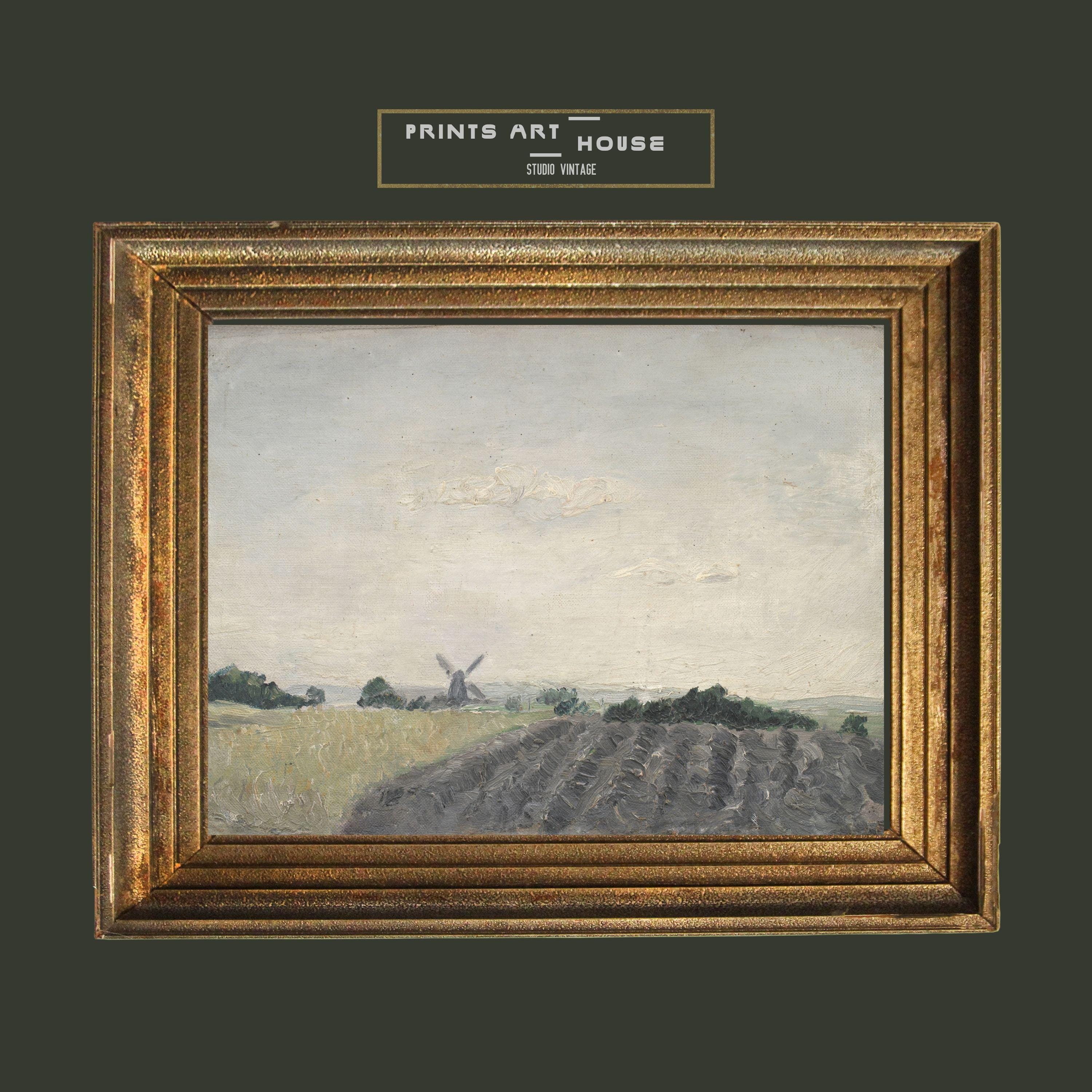 ヴィンテージ風車畑の油絵プリント：素朴な農家のアート（デジタル