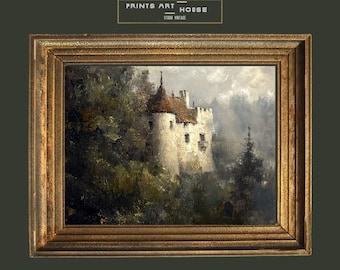 Vintage olieverfschilderij kasteel Dracula: gotische landschapskunst (digitale download)