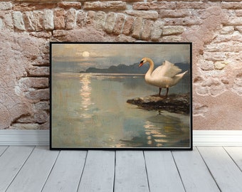 Swan Lake Painting Bird ART PRINT Vintage Oil Painting Giclee Aesthetic Wall Art Room Decor |0368