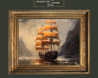 May include: An antique oil painting of a tall ship sailing on a stormy sea, framed in a gold-coloured wooden frame. The ship's sails are a warm orange colour, contrasting with the dark water and sky. The painting is labelled "PRINTS ART HOUSE STUDIO VINTAGE".