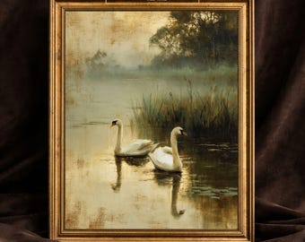 Schwanensee Vintage Ölgemälde Druck: Cottagecore Wand Kunst (Digitaler Download)