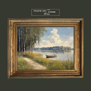 See und Boot Ölgemälde Birkenwald Landschaft Wandbild, Cottage Core Art, VINTAGE Malerei, druckbare Wandkunst, DIGITAL PRINTS