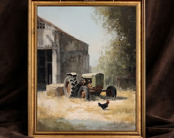Lámina de pintura al óleo de tractor y granero vintage: Decoración rústica para casa de campo (Descarga digital)