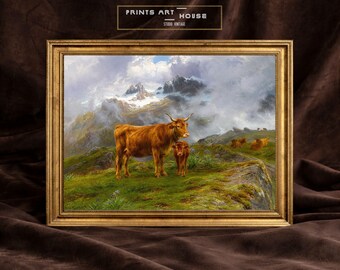 Vintage olieverfschilderij Highland Cow: rustieke boerderijmuurkunst (digitale download)