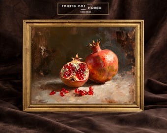 Vintage Pomegranate Oil Painting Still Life: Rustic Kitchen Art (Digital Download)