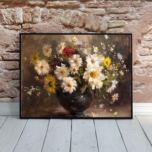 Arte mural floral oscuro, flores en un jarrón, impresiones vintage, impresión artística física, impresión giclée /0432
