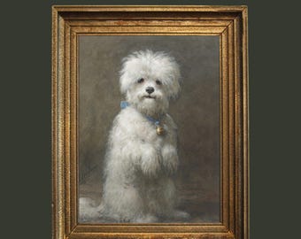 Impresión vintage de retrato de perro blanco: pintura realista de animales (descarga digital)