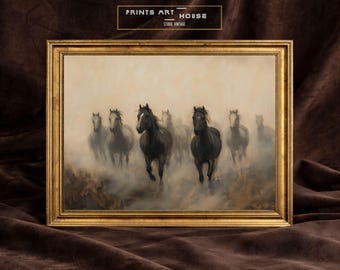 Vintage Wild Horses Oil Painting Print: Rustic Western Landscape (Digital Download)