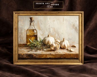 Pintura a óleo vintage com ervas e alho: arte rústica para cozinha de fazenda (download digital)