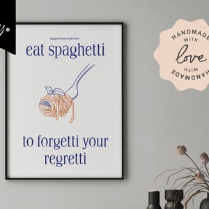 großes digitales Spaghetti Poster | eat spaghetti to forgetti your regret | blau oranger retro Illustration moderne Typography | Deko Plakat