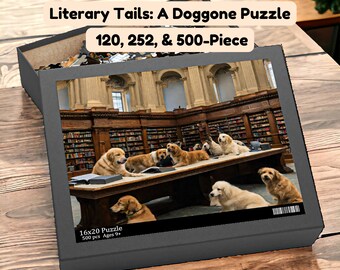 May include: A 500-piece jigsaw puzzle featuring a group of golden retrievers sitting at a long wooden table in a library setting. The puzzle box has the text "Literary Tails: A Doggone Puzzle 120, 252, & 500-Piece" and "16x20 Puzzle 500 pcs Ages 9+"