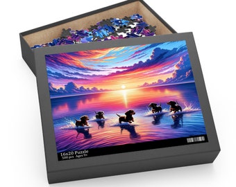 May include: A 500 piece jigsaw puzzle featuring a sunset over the ocean with five dachshund puppies running through the water. The box is black with the text "16x20 Puzzle 500 pcs Ages 9+"