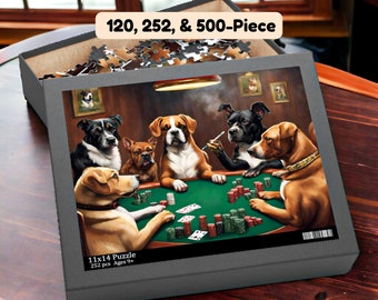 May include: A 252-piece jigsaw puzzle featuring a group of dogs playing poker around a green felt table. The dogs are wearing collars and have human-like expressions. The puzzle is labeled "11x14 Puzzle, 252 pcs, Ages 9+".