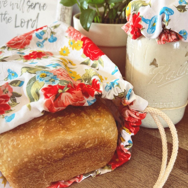 Artisan Bread Bag Kit for Sourdough and Starter, Mason Jar Cover - Farmhouse Spring Collection Cotton Drawstring - Trendy Organic Reusable