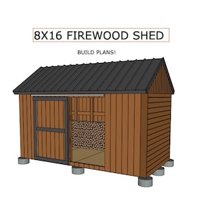 8 X 16 Firewood Shed Plan PDF, Fire wood shed storage with sliding door, tool and lumber garden storage building, 5 cord DIY build plans,