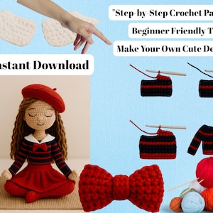 Handmade French-Style Amigurumi Doll – Yoga und Meditation Figure with Red Beret, Dress & Bow – Crochet Pattern PDF