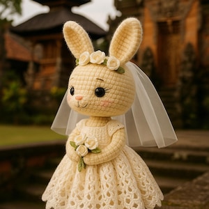 Virkad brudkanin – Amigurumi-mönster med klänning och slöja – Handgjord plyschleksak