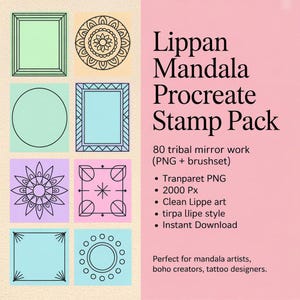 以下が含まれることがあります： 「Lippan Mandala Procreate Stamp Pack」のプロモーション画像。80種類のトライバルミラーワークのデザインが特徴です。画像には、カラフルな幾何学模様のグリッドと、「Instant Download」を含む製品の詳細が含まれています。