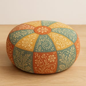 Könnte beinhalten: Ein runder Patchwork-Pouf mit floralem Design. Der Pouf hat einen zentralen orangefarbenen Kreis mit einer Blume, umgeben von türkisfarbenen, gelben und orangefarbenen Paneelen, jedes mit einem cremefarbenen Blumenmuster. Er steht auf einer Holzoberfläche.
