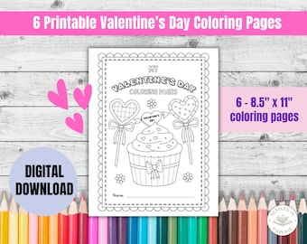 Kids Valentines Day Printable Coloring SIX Pages, February 14, Coloring Book, Holiday Activity Pages, Travel Activities, Family Fun Night