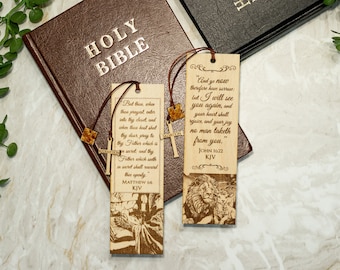 Set of 2 Engraved Christian Bible Verse Wooden Bookmarks With Real Baltic Amber Pendant| King James Version, A Great Gift