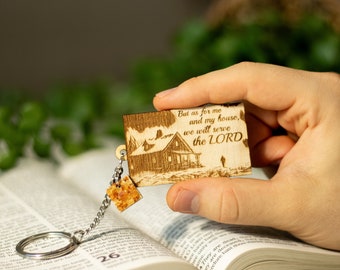 Laser Engraved Christian Keychain With KJV Bible Scripture | Joshua 24:15 "..but as for me and my house, we will serve the Lord"